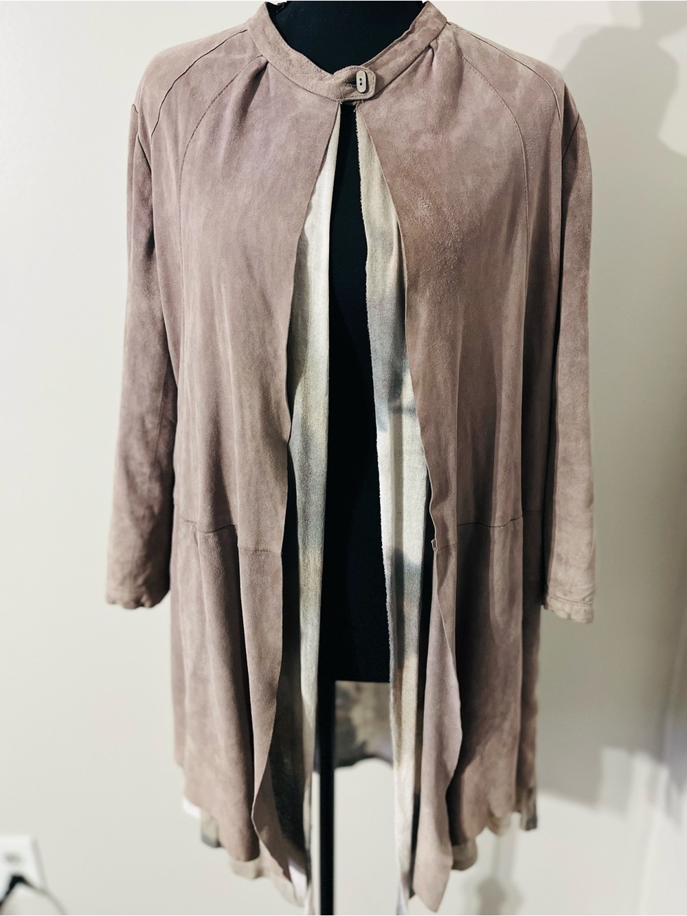 Brogden 1959 Italian Suede Goat Leather Open Front Draped Jacket Coat Taupe M 44